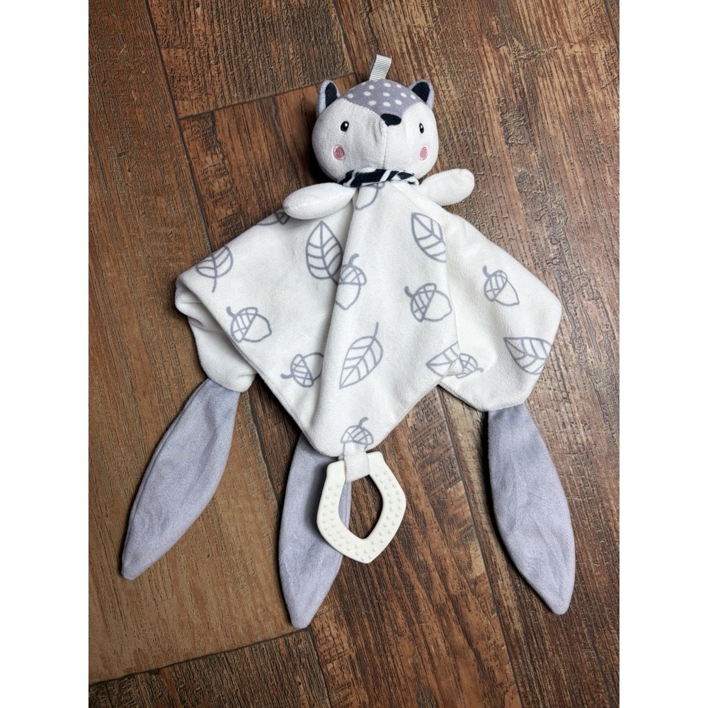 Gray White Fox Baby Lovey Rattle Teether Knotted Acorns Security Blanket Plush